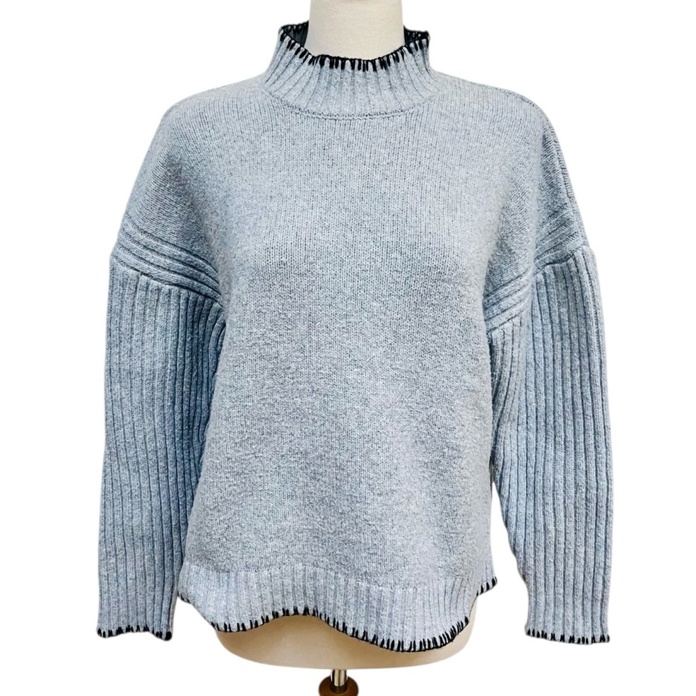 Joie Gray Mock Neck Sweater Relaxed Fit Black Trim Women's Size US Large